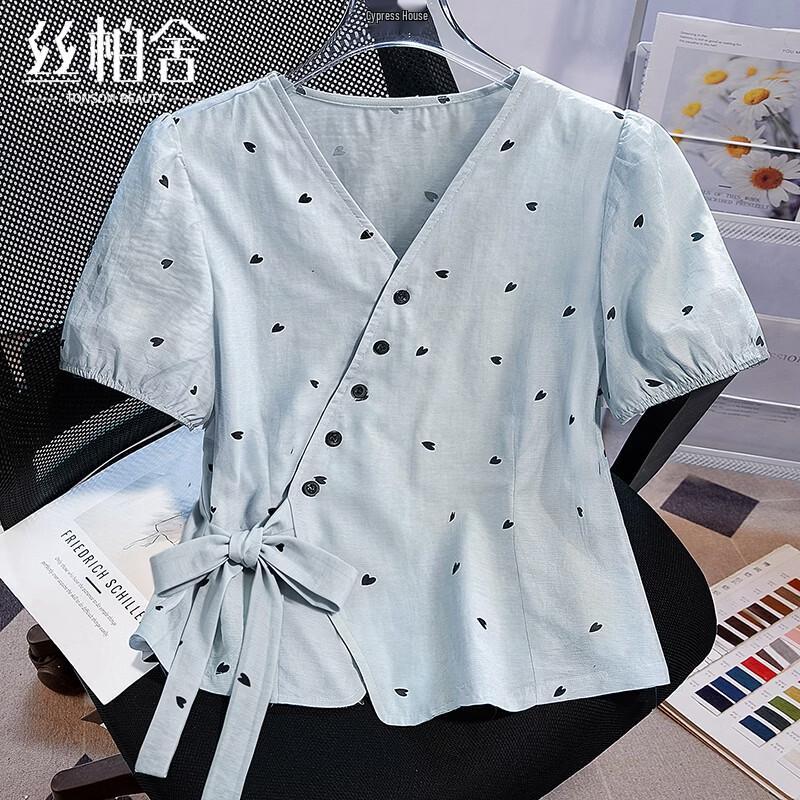 Women s French Style Floral V-Neck Short-Sleeve Blouse L
