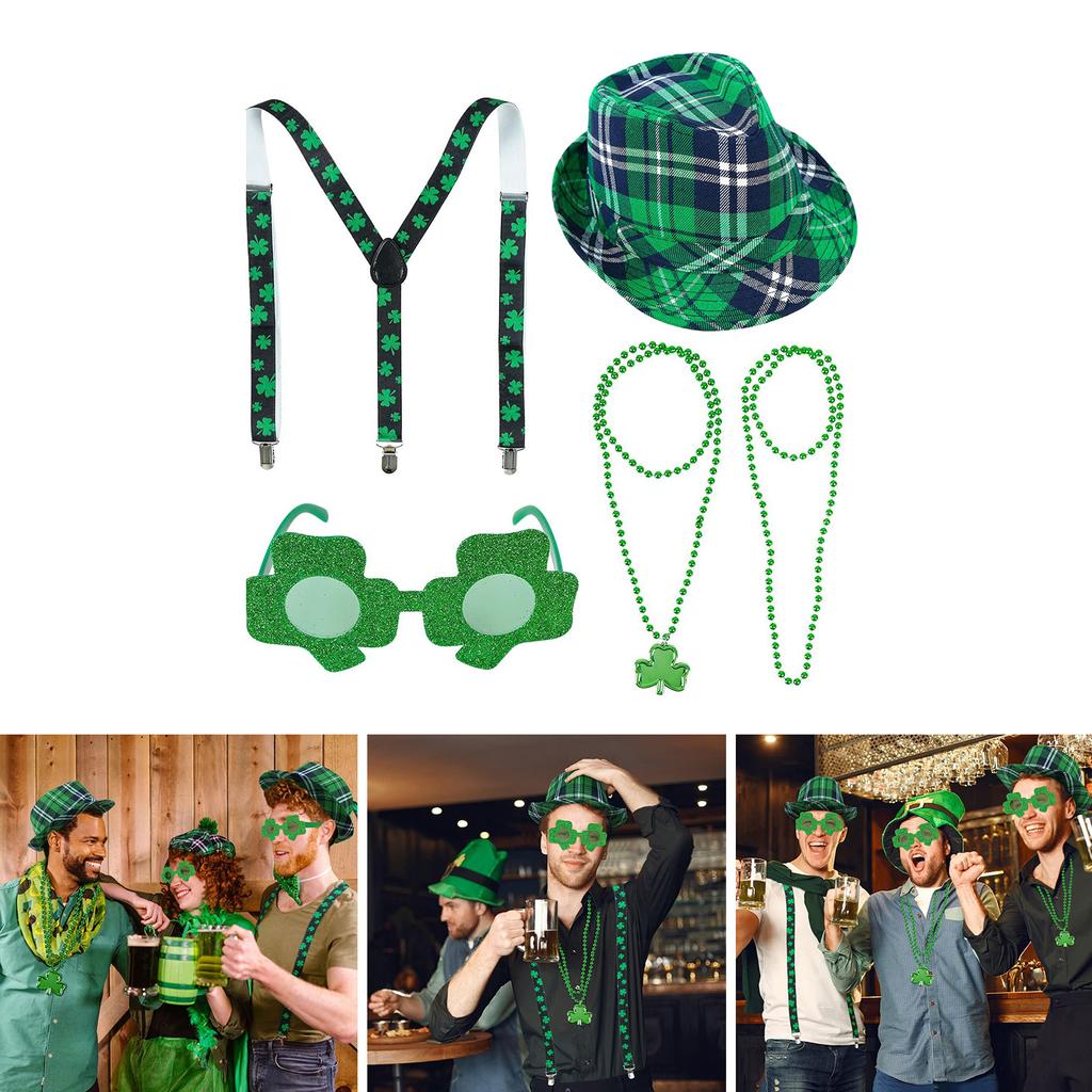 StPatrick Day Celebration Costume Hat Shamrock Glasses Suspenders Braces Necklace Festival Party Props Irish Accessories