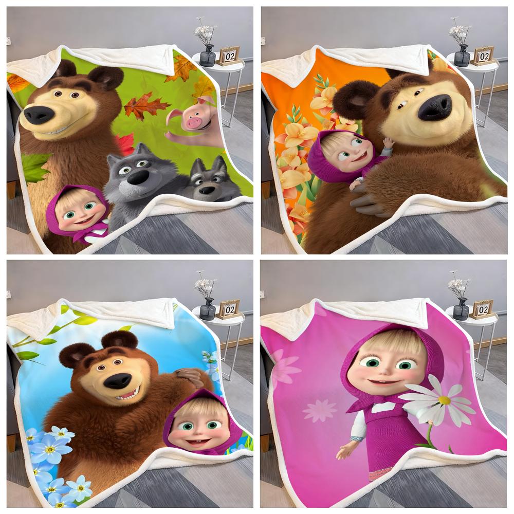 Cartoon M-Masha and the B-Bear Throw Flannel Fluffy Soft Blanket Warm Skin-Friendly Throw for Sofa Bed Office Nap Winter
