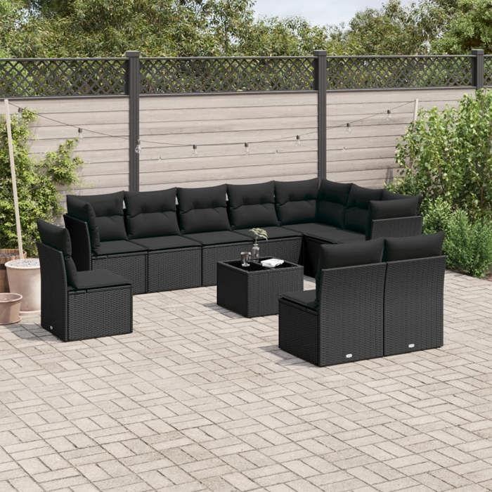 VidaXL Salon de Jardin avec Coussins 11 pcs, Canapés de Terrasse, Ensemble de Meubles de Patio, Mobilier d'Extérieur, Noir 3217805