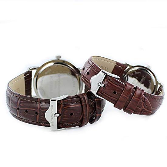 Pierre Talamont și Ceasuri de Cuplu cu Mici 38mm și Piele Maro de Crocodil cu Argint și Secundar pentru Bărbați Femei, 28mm, Carcasă, PT-5100H-3 PT-5100L-3