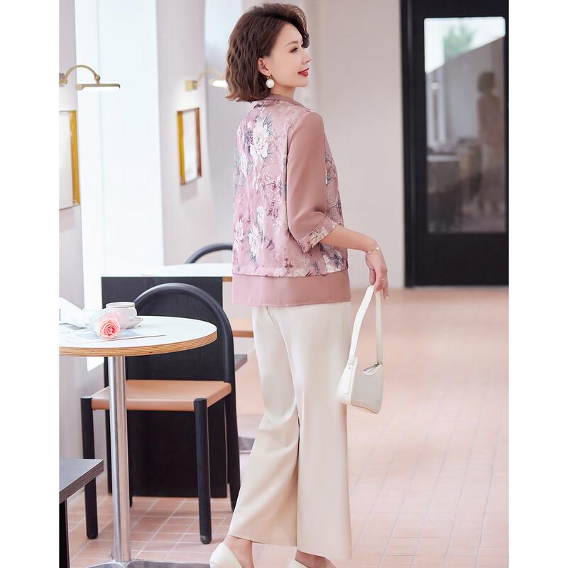Pasite New Chinese Style Mom's Summer 3/4 Sleeve Printed Top & Pants Set