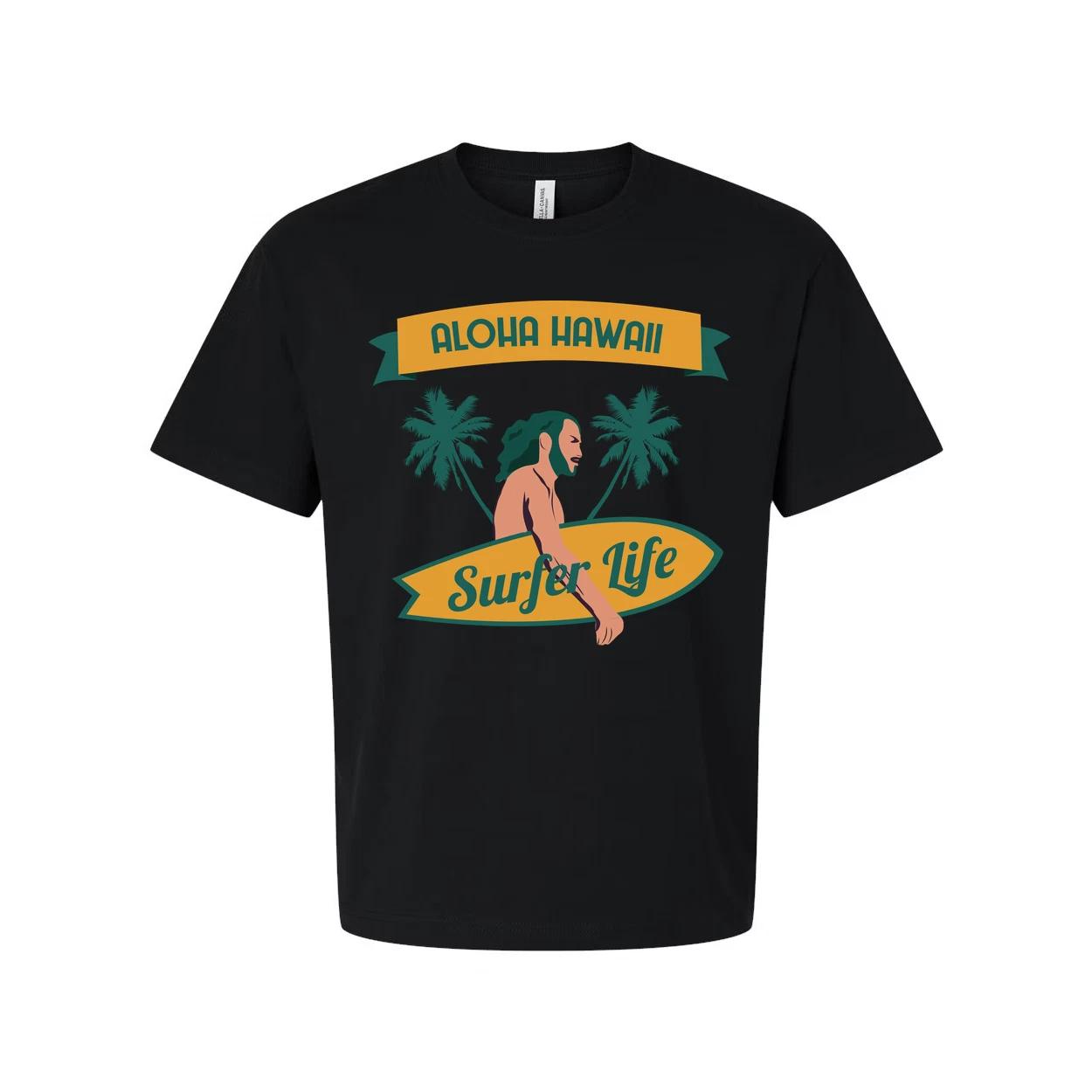 Aloha Hawaii Surfing Graphic Tee With Palm Trees And Surfer Life Banner Design F S