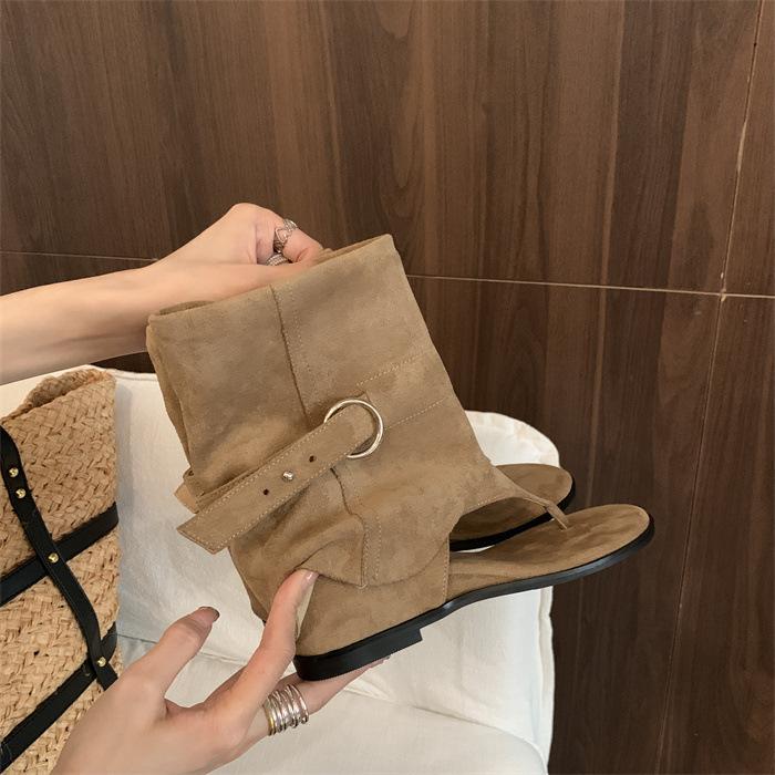 MUMIXI Blogger The Same Korean Belt Buckle Toe Inner Height Increase Cool Boots Summer Fashionable Open-toed Trousers Short Boots