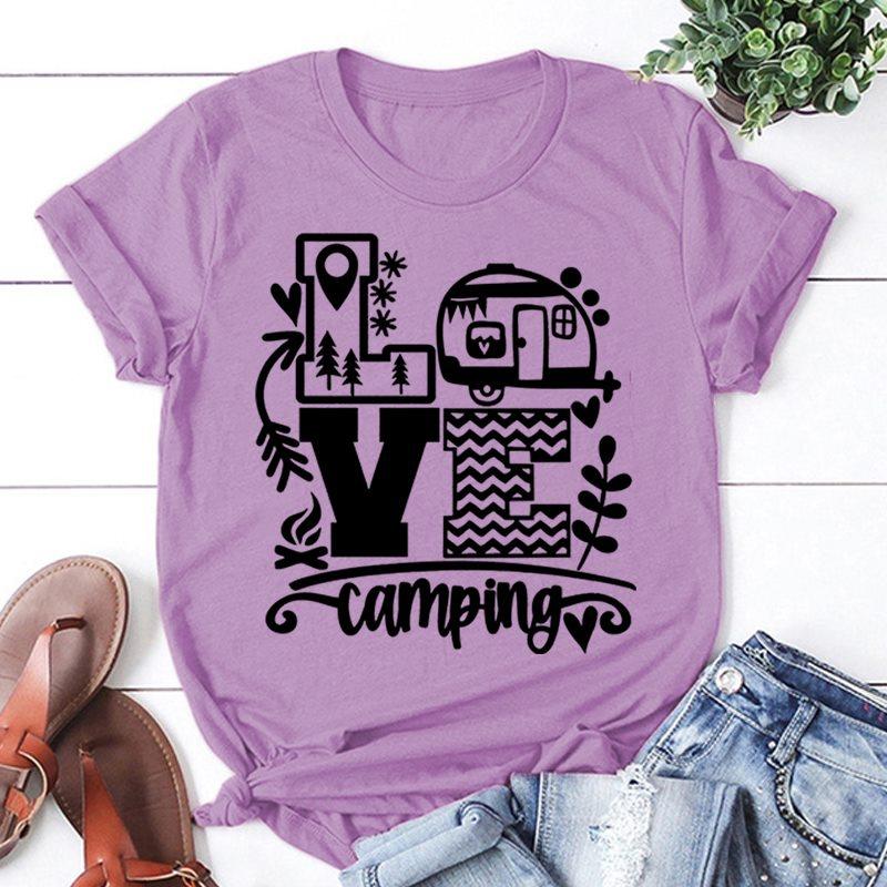 New Fashion Women T-Shirt Love Camping Print Short Sleeve Camper Casual Tee Round Neck Tops