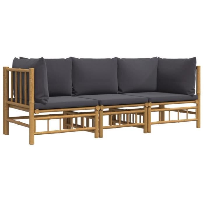 VidaXL Salon de jardin 3 pcs avec coussins gris foncé bambou 3155215