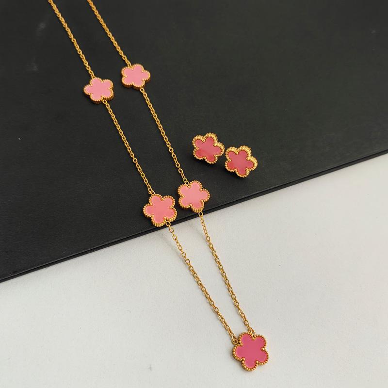 Double-sided Plant  Flower Necklace Earrings Zircon Set for Women Stainless Steel Water Proof Clover Zircon Gifts