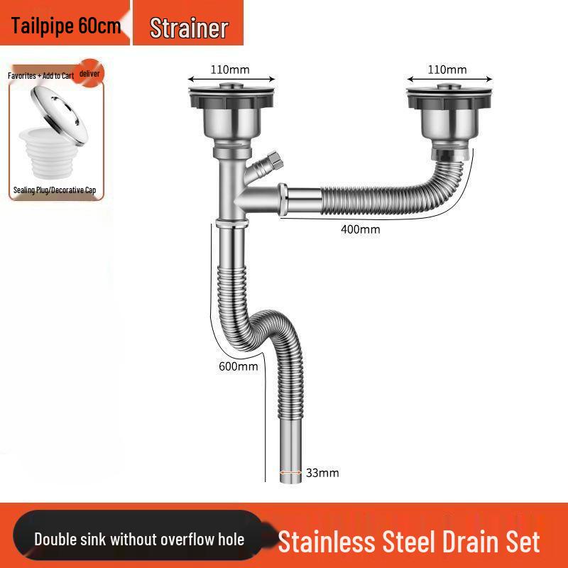 Stainless Steel Kitchen Sink Drain Pipe Set with Anti-Odor Features for Single or Double Sinks and Dishwasher Integration
