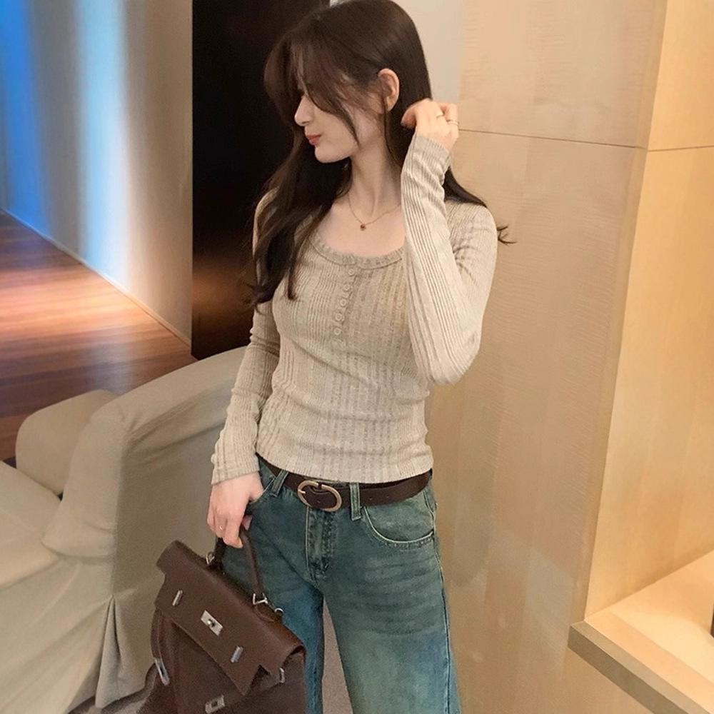 Women's Retro U-Neck Slimming Long-Sleeve Ribbed Knit Top, 2025 Autumn/Winter Collection