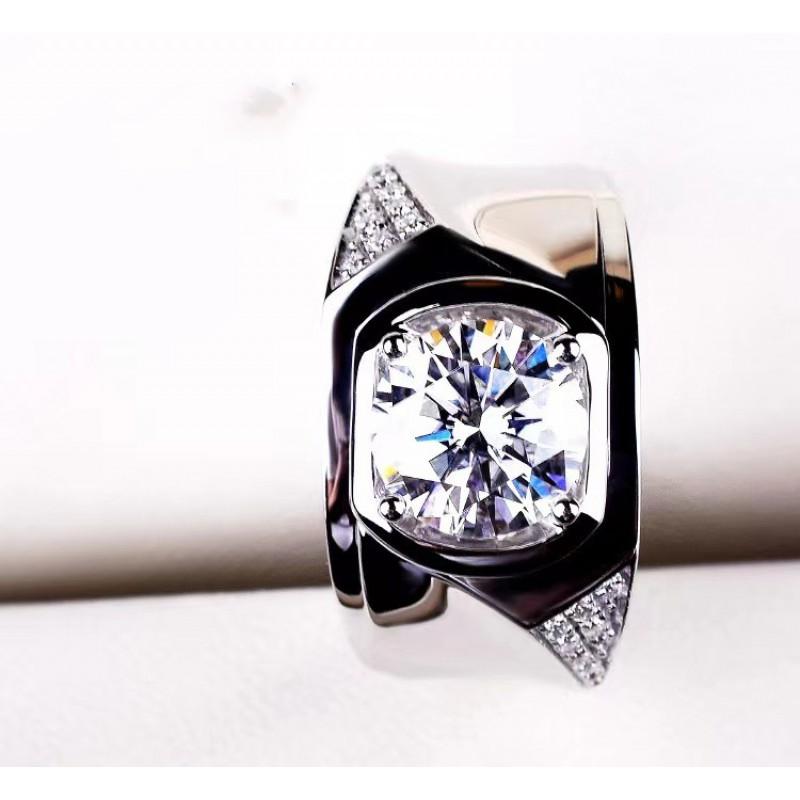Mens Adjustable Open Ring With 2ct Simulated Moissanite White Gold Plated Geometric Design Business Casual Wear