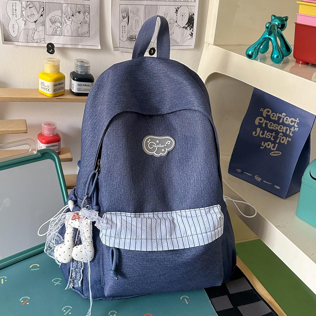 Schoolbag Fog Hemp Gray Blue Stripe Japanese Ins Junior High School Students Campus Class Commuting Versatile Going Out Lightweight Backpack