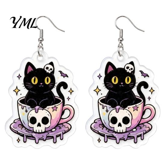 Lightweight Daily Wear Earrings 1 Pair Halloween for Women, 2D Acrylic Teacup Black Cat Women Dangle Drop Earrings, Gothic Cartoon Jewelry Party,