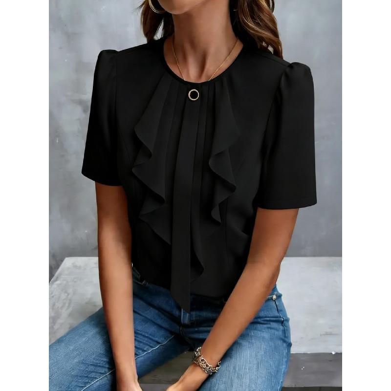 2026 New Women's Summer Ruffled Pleated Round Neck Short Sleeve Shirt Top