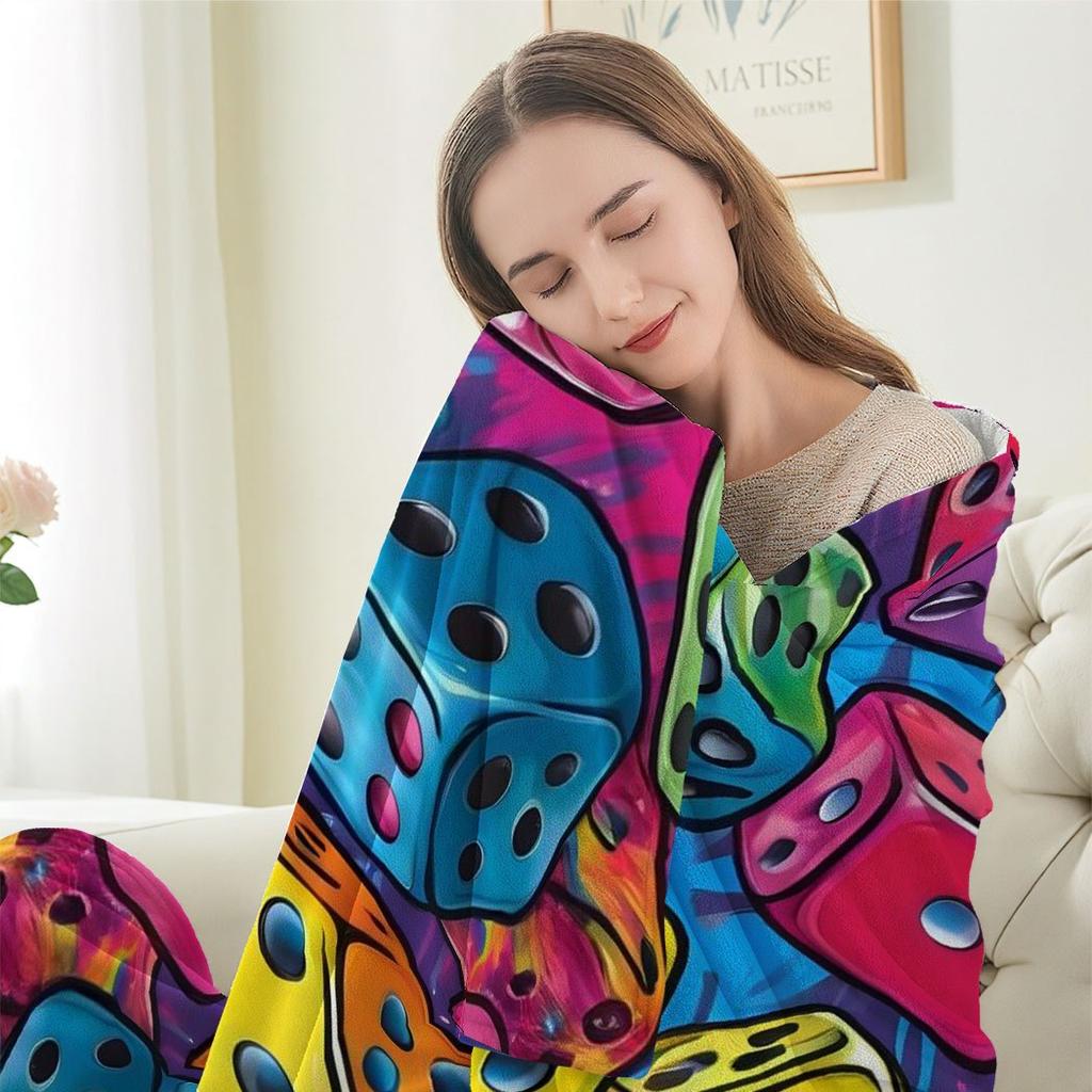 Bunte Würfel-Print Flanell-Kuscheldecke – Lustiges Geschenk für Gamer für Home Office Sofa Auto Nickerchen