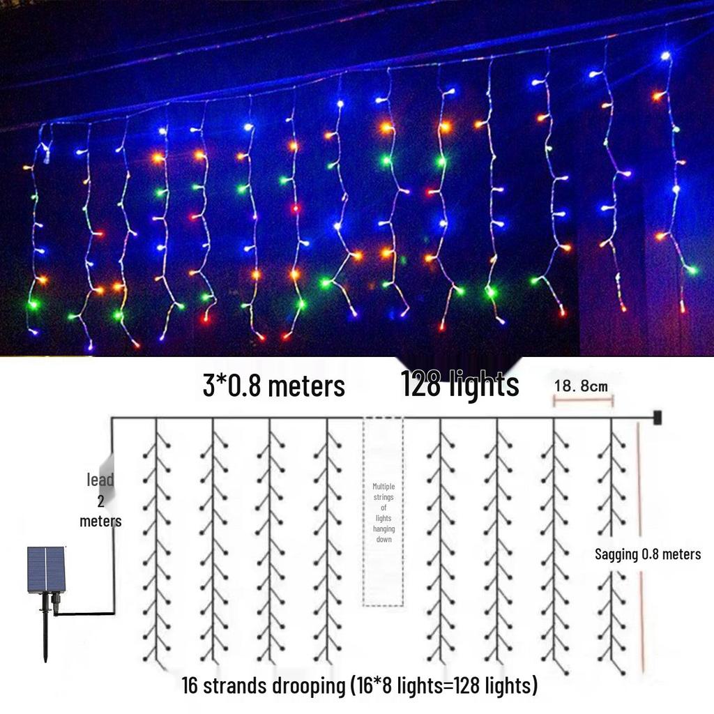 Solar LED Color Waterfall Curtain Lights - Outdoor Waterproof Decorative Christmas Icicle Lights