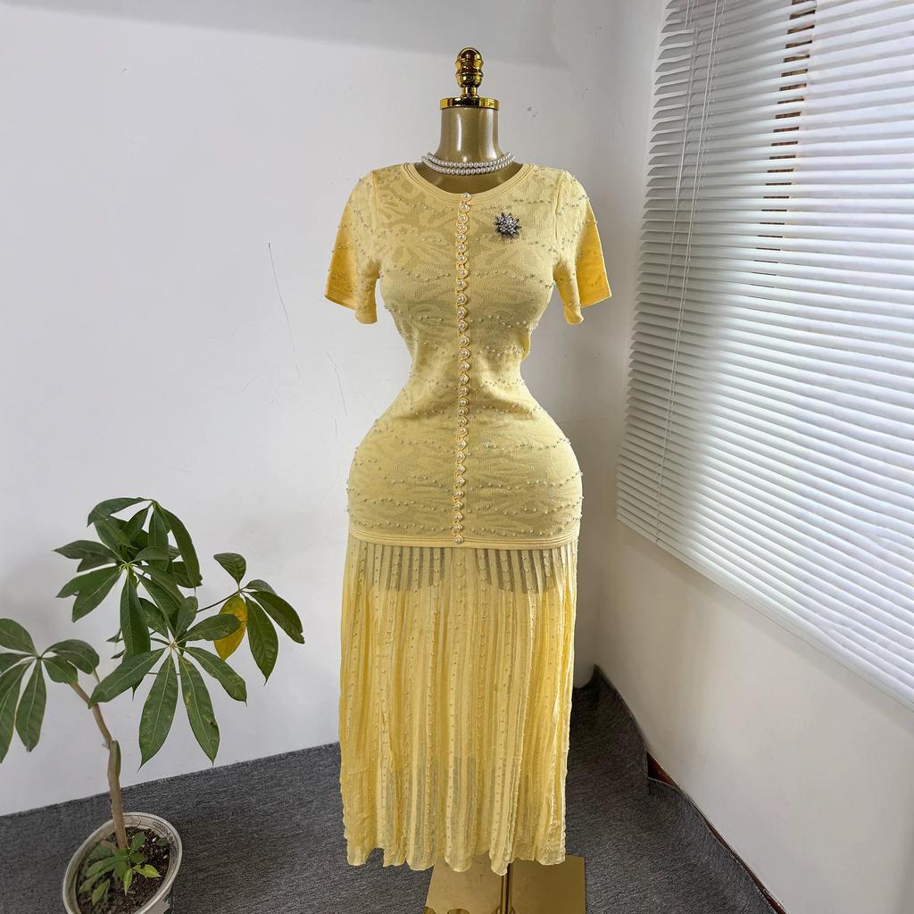 French small fragrant style pearl decorative short-sleeved knitted dress women's waist pleated temperament long dress