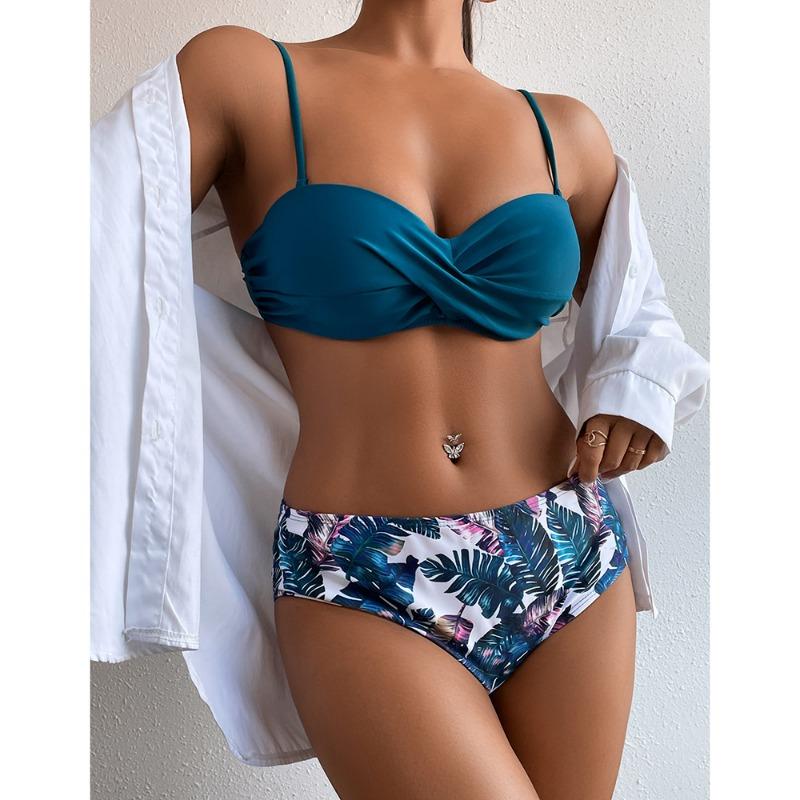 Ladies' Swimsuit Gathering Split Swimsuit Peacock Blue Two-piece Set