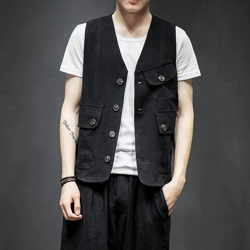 

Мужские весенние жилеты без рукавов с множеством карманов 2025, мужские однотонные повседневные жилеты карго, куртки-бомберы, мужские хлопковые жилеты 5XL чёрный
