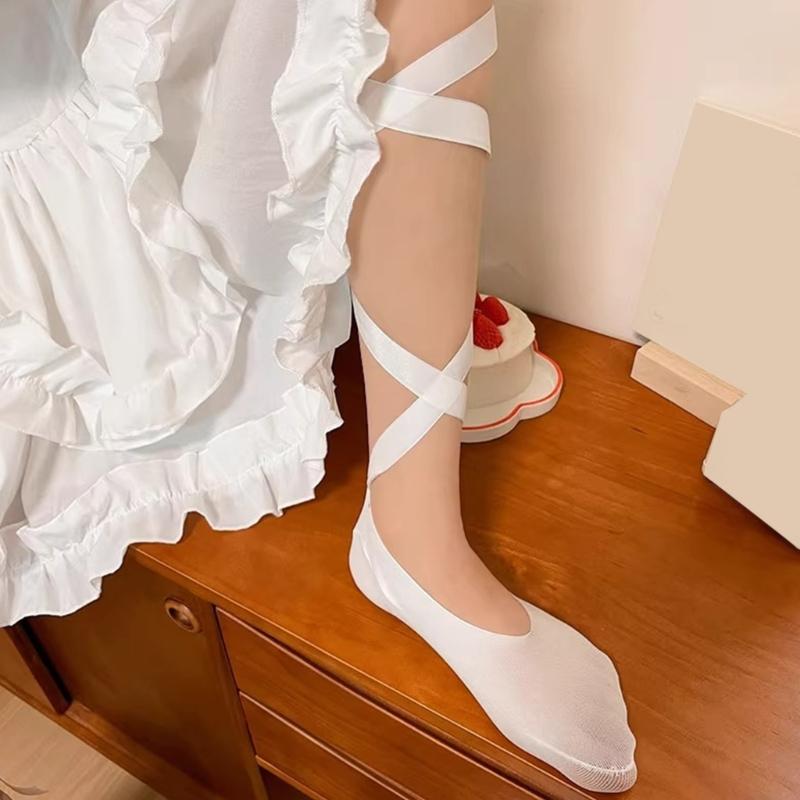 Women Crisscross Ribbon Bandages Low Cut Antislip Cotton Socks Japanese Style Dancing Party Solid Invisible Short Socks