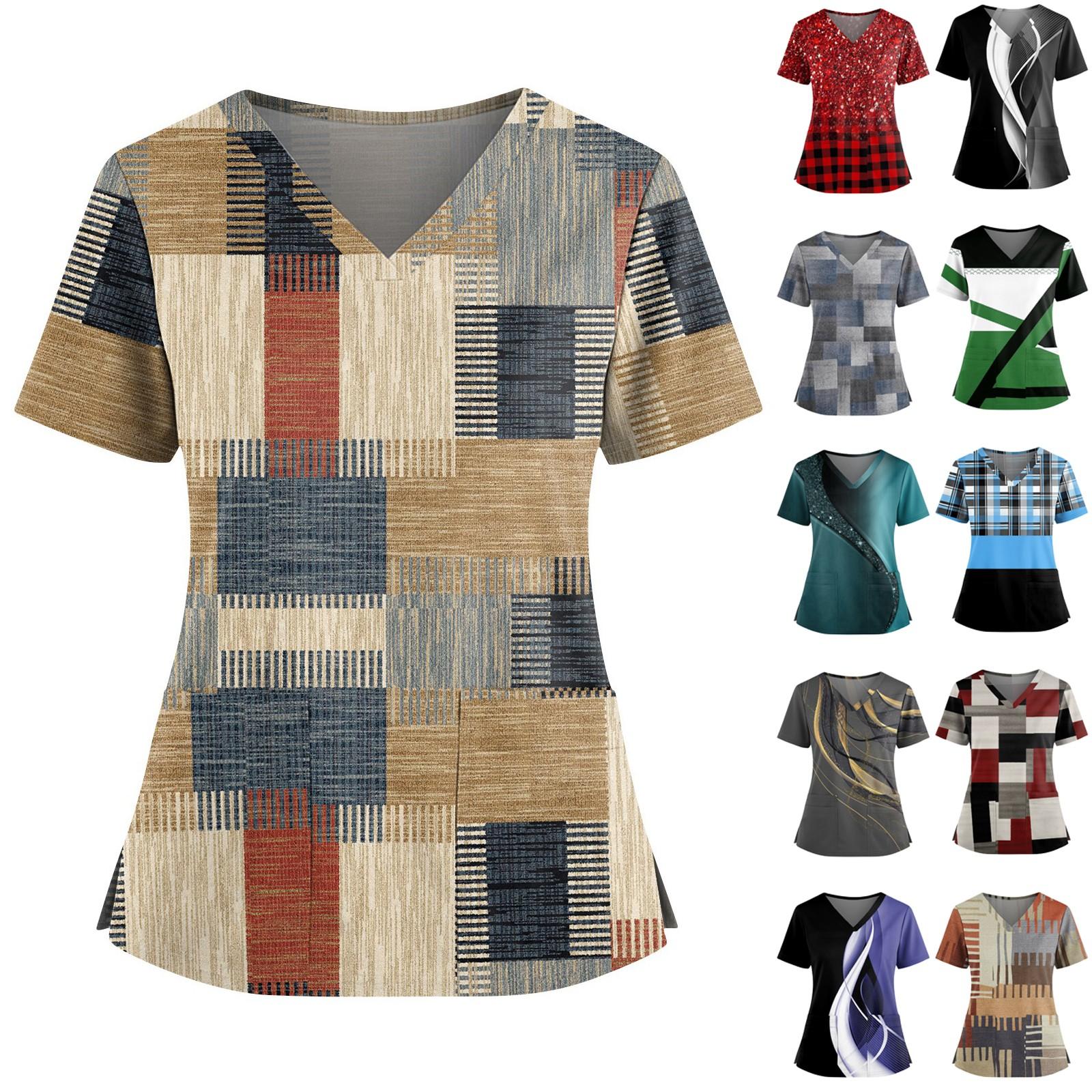 

Women s Fashionable Printed V Neck Double Pocket Short Sleeved Shirt With Slit Hem Uniform And Worker Top L червоний