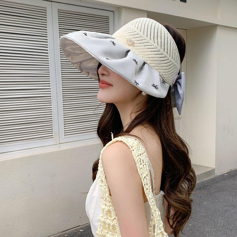 Bowknot Empty Top Sun Hat Sweet Foldable Visor Cap Cute Female Shell Hat  Outdoor