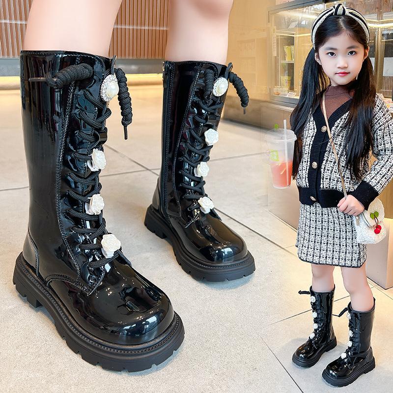 Fashion Fashion Children Long Boots for Girls Patent Leather Princess Knight Boots Autumn Winter Flower Versatile Girls Shoes