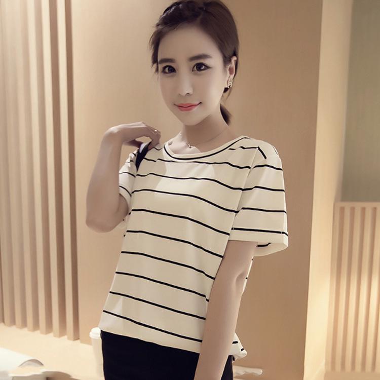 New Summer Korean Style Student Striped Short-sleeved T-shirt Loose Round Neck Top for Women