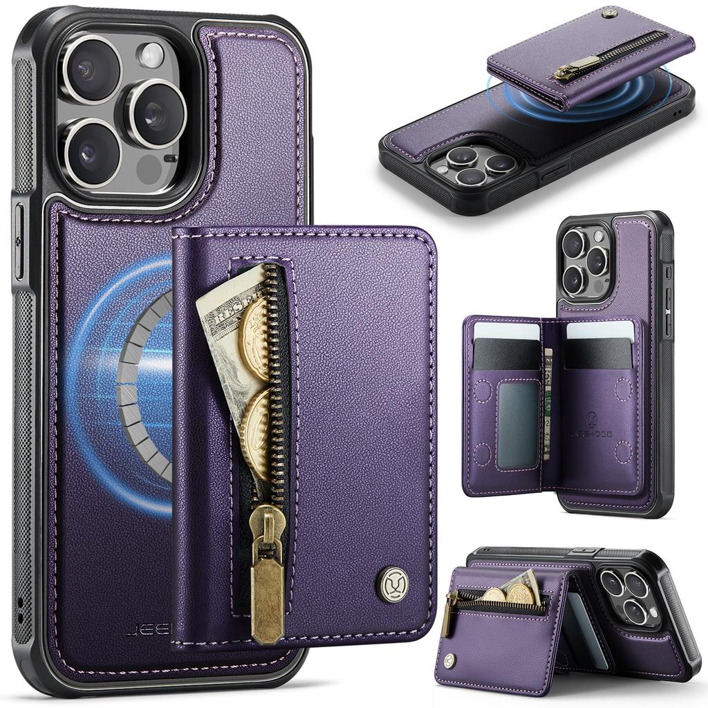 Etui JEEHOOD J12 do iPhone'a 14 Pro Magnetyczne Odpinany portfel na zamek Błyskawiczny Podpórka Skórzany tylny pokrowiec Kompatybilny z MagSafe