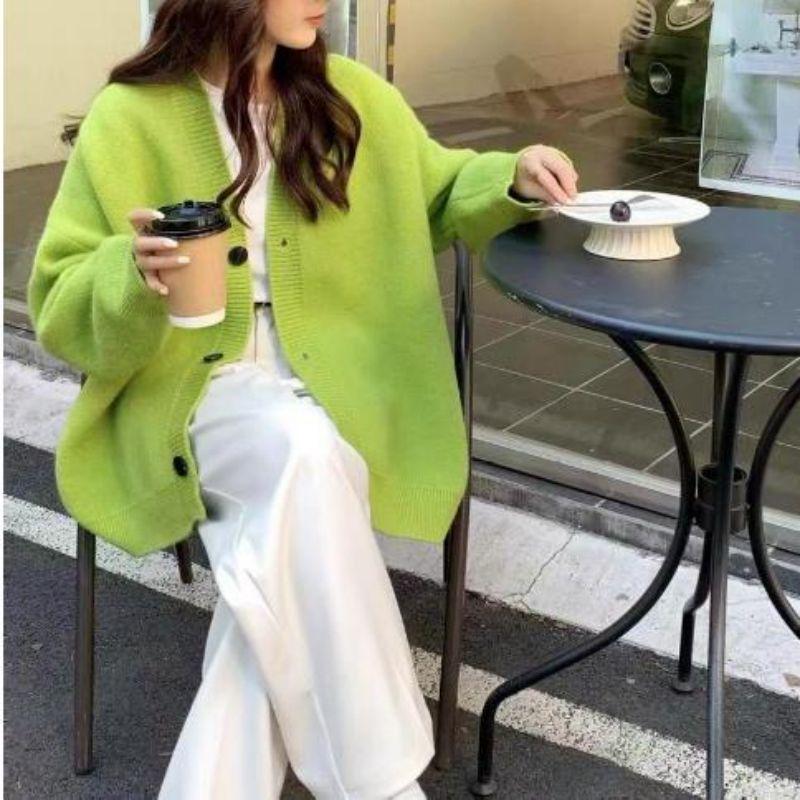 2024 Autumn/Winter Women's Soft V-Neck Pink Cardigan Sweater - Simple, Lazy Style Knit Outerwear