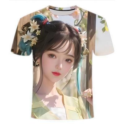 2024 Summer New Original Manga Ancient Style Beauty 3D Printed Short Sleeved Men's Personalized Trendy Round Neck T-shirt