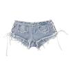 Pantaloncini di Jeans da Donna a Vita Media con Lacci Laterali Cutout Vestibilità Slim Hot Pants Alta Elasticità Orlo Grezzo Sfilacciato per Street Club Party