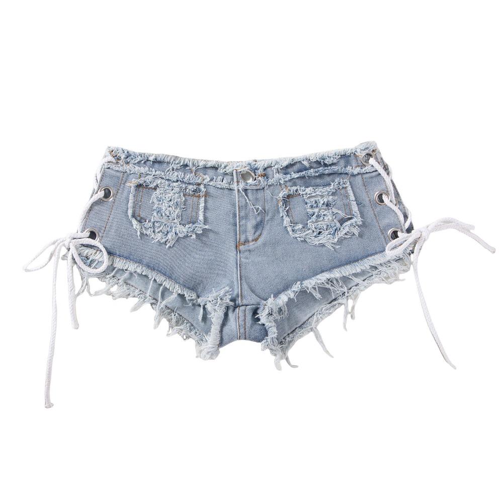 Pantaloncini di Jeans da Donna a Vita Media con Lacci Laterali Cutout Vestibilità Slim Hot Pants Alta Elasticità Orlo Grezzo Sfilacciato per Street Club Party