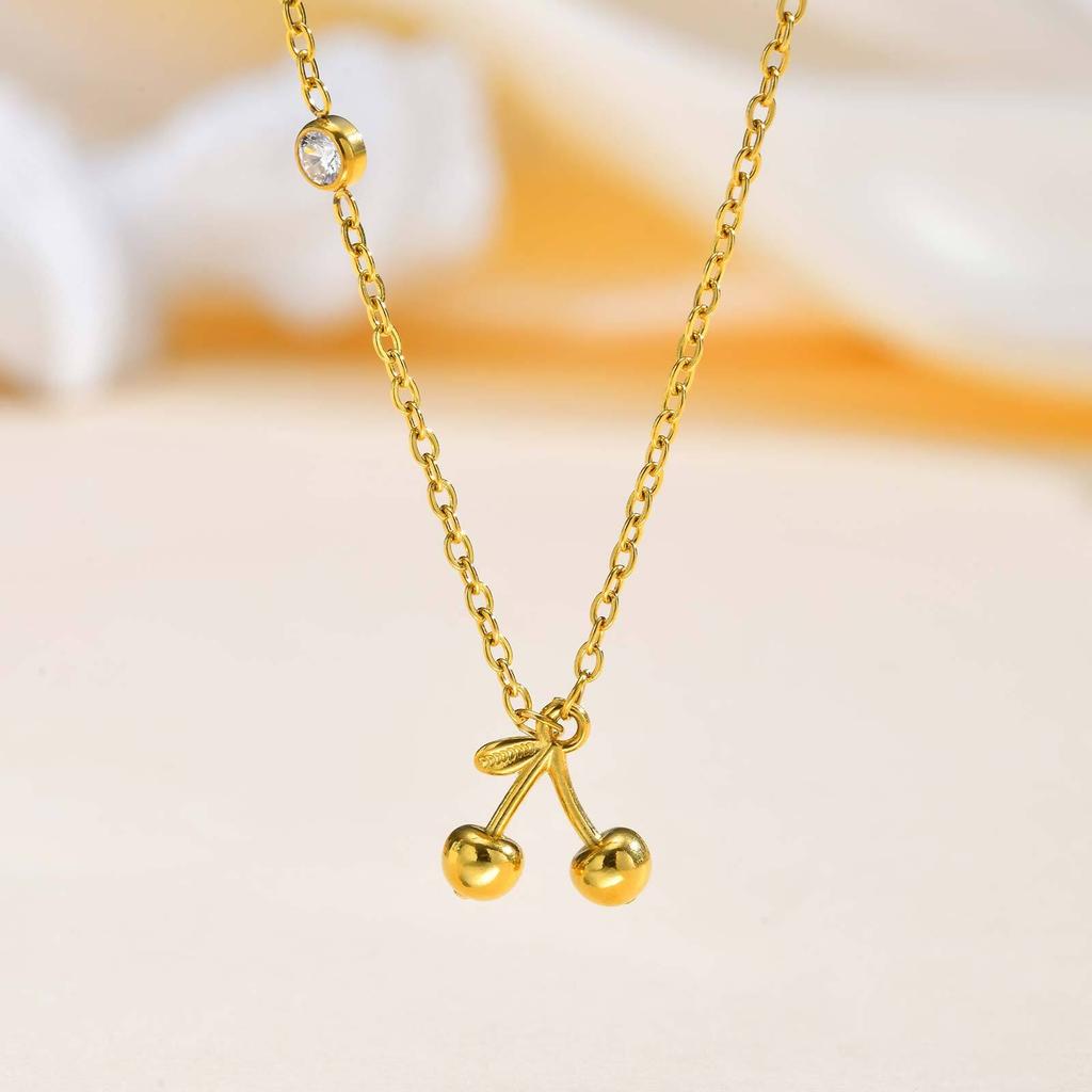 Sideway Zircon Cherry Pendant Necklace, Thin Chain Choker Necklace Stainless Steel, Women's Gold-plated Jewelry