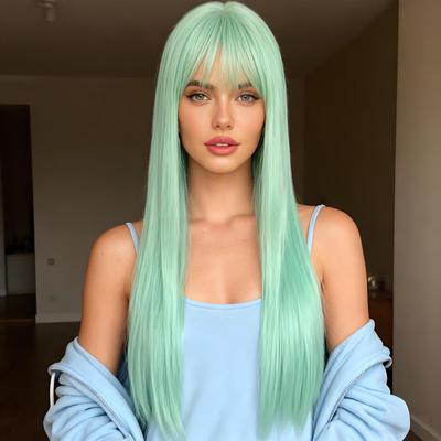 Mint Green Long Straight Anime Cosplay Wig with Air Bangs for Women