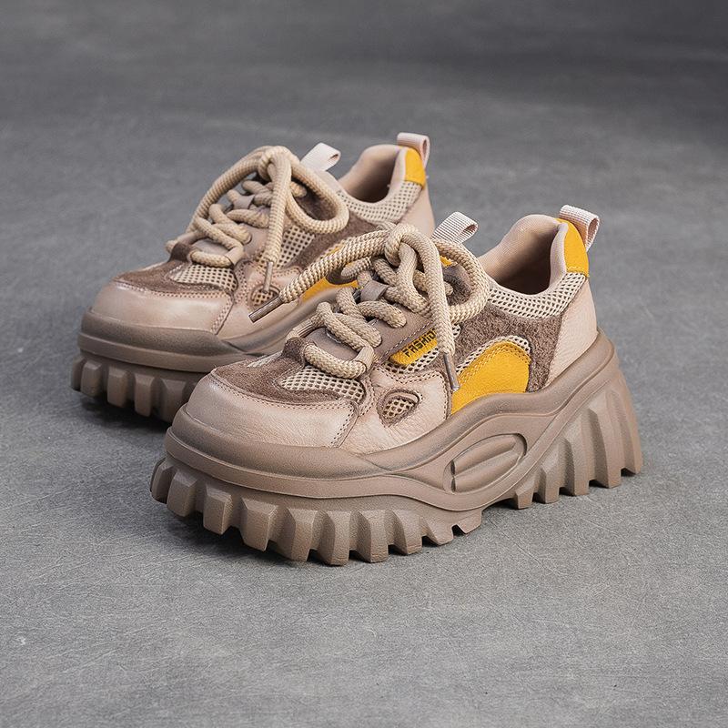 Johnature Genuine Leather Splicing Mesh Casual Shoes Lightweight Lace Up Thick Soled Women's Shoes