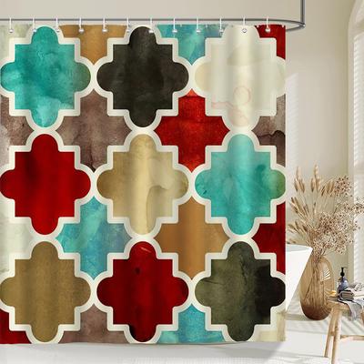 Retro Geometric Patterns Bathroom Curtain Modern Minimalist Style Polyester Fabric Shower Curtain for Bathroom with Hooks