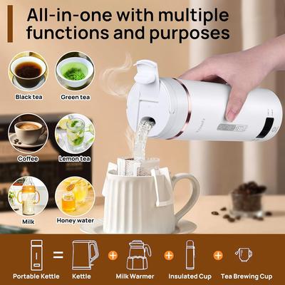 Tragbare Elektrische Wasserkocher 450ml 304 Edelstahl, 4 Temperatureinstellungen, Schnellkochend, Reisetasche Inklusive
