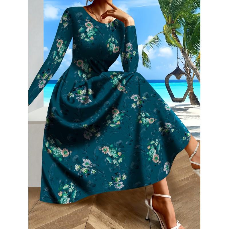 Womens Purple Floral Print Long Sleeve Maxi Dress - Elegant Party In Milk Silk Fabric