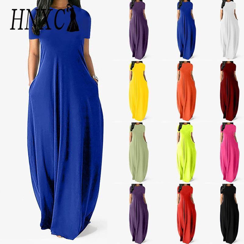 HNXC Women Casual Loose Long Dress O-Neck Short Sleeve Summer Beach Dress Elegant Party Dress