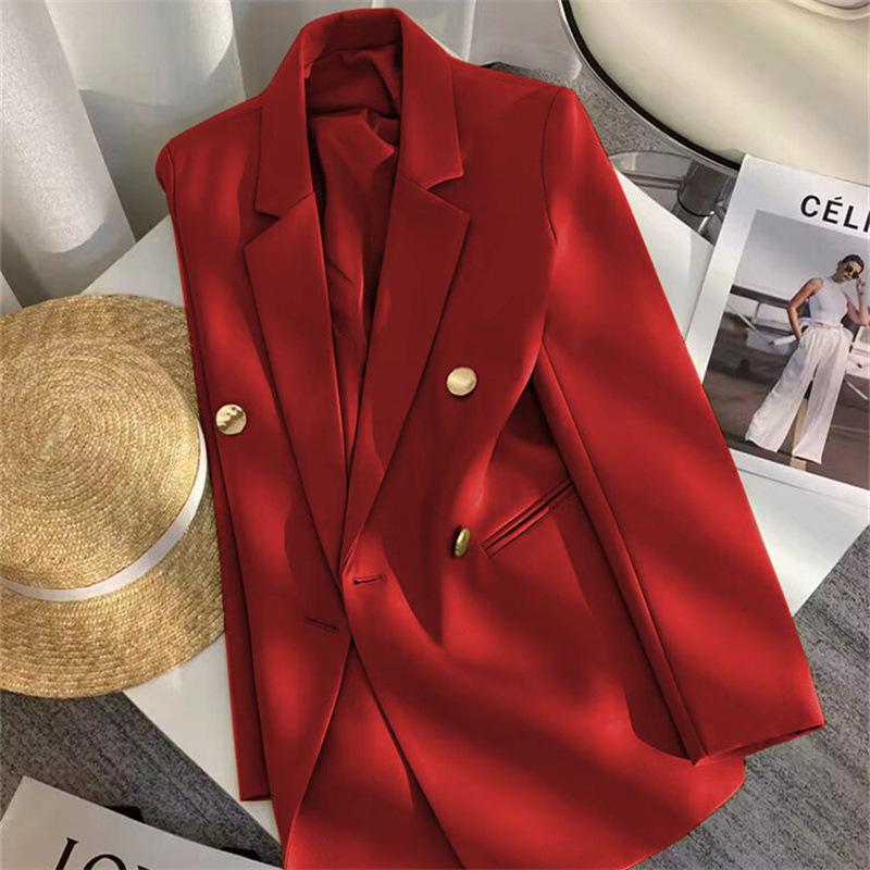 Women Long Sleeve Blazer Jacket Lapel Double Breasted Gold Button Loose Fit Office Casual Suit Outerwear Coat