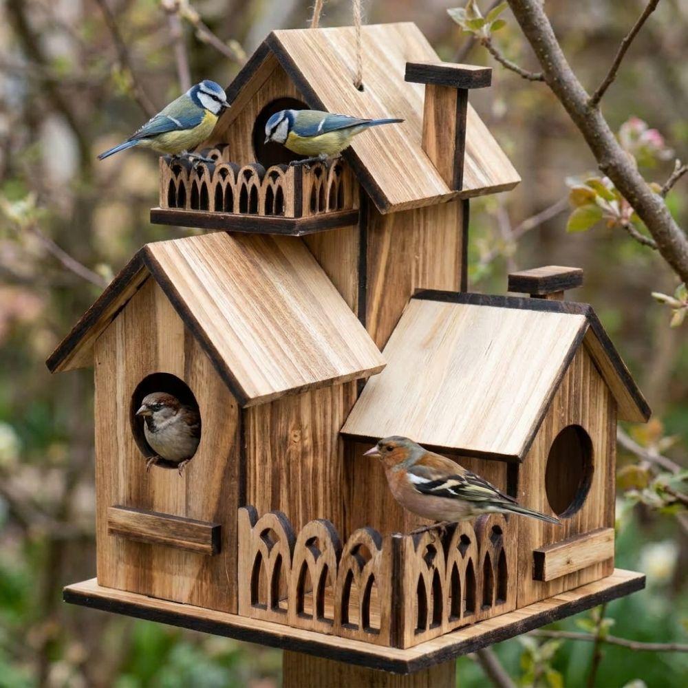 Handmade Wooden Bird House Multiple Holes Bird Feeder Weather Resistant Outdoor Birdhouse Backyard