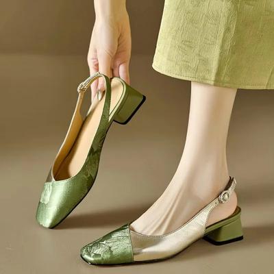 Retro Cover Toe Slingback Sandals for Women's Summer Square Headed Colors Leather Pacthwork Buckle Strap Middle Thick Heel Shoe
