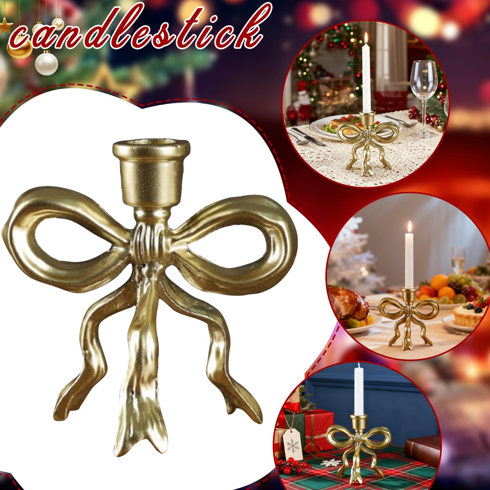 

Gold Bow Taper Candle Holder Vintage Metal Candle Stick Holders Antique Brass Decorative Candlestick For Wedding Christmas Home Table Decor, One Size