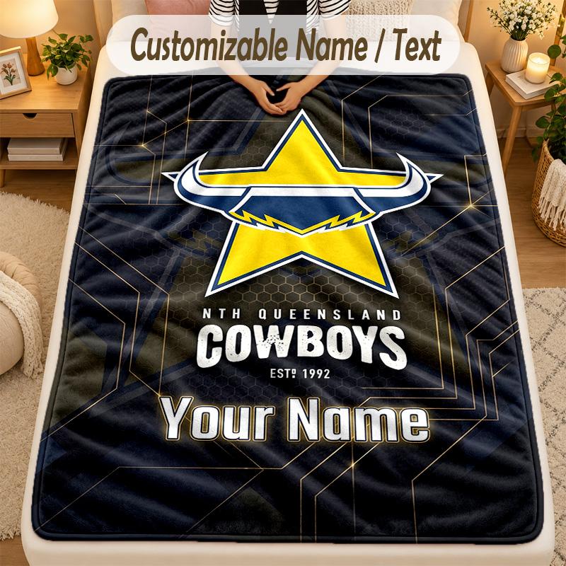 Flannel BlanketNorth Queensland Cowboys Custom Name Text Personalized Soft Warm Throw Blanket Home Decor Gift