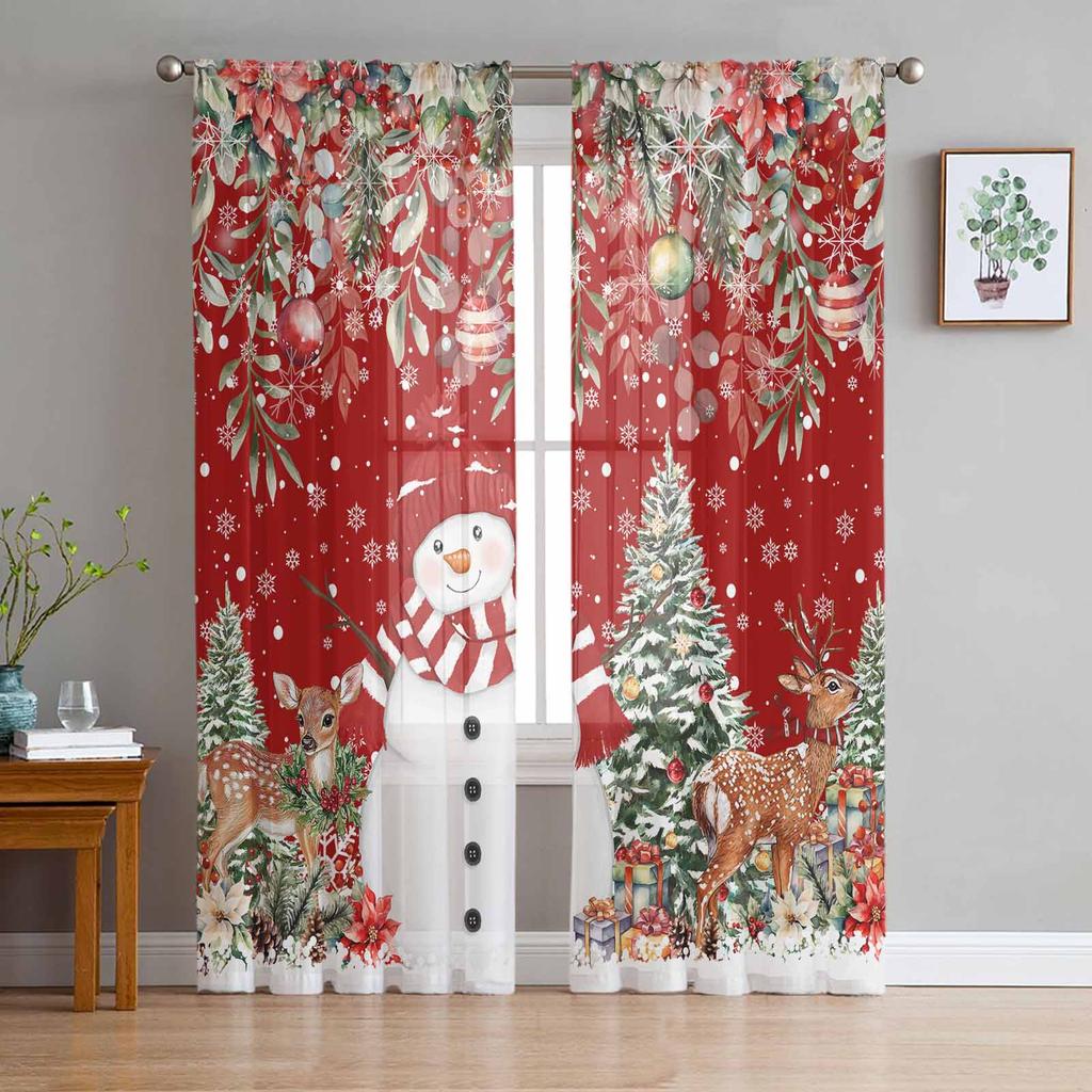 Christmas Ball Snowman Snowflake Deer Poinsettia Sheer Curtains Bedroom Decoration Window Curtains Kitchen Tulle Voile Curtains
