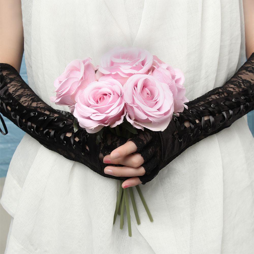 Fashion Long Fingerless Party Cosplay Silk Ribbon Lace Gloves Halloween Gloves Punk Gothic Mittens