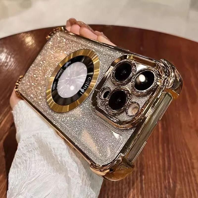 Luxury Magnetic Glitter Shockproof Phone Case For iPhone 16 15 14 13 12 11 Pro Max Plus Glass Lens Protection Acrylic Back Cover