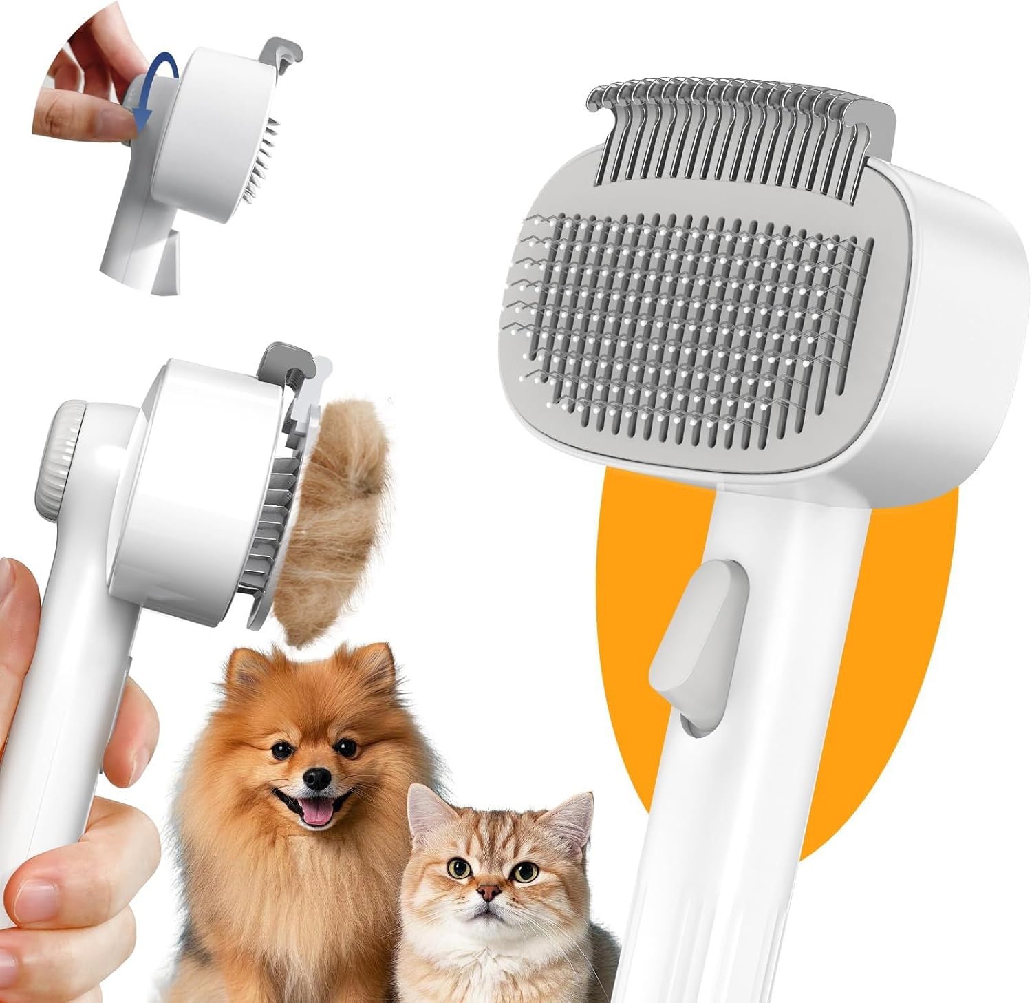 2-in-1 Pet Grooming Brush Dual Sided Deshedding Dematting Comb One-Click Self Cleaning Massage Rake for Dogs Cats Grey