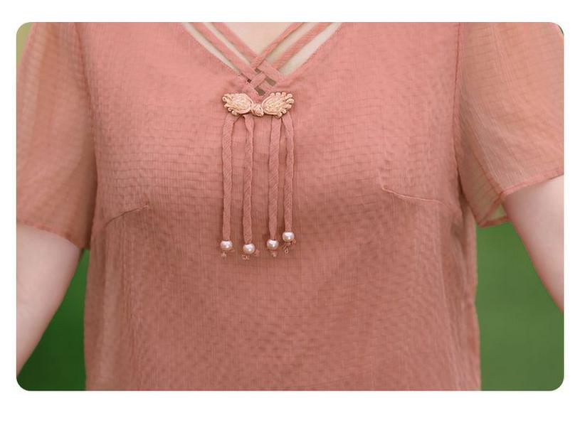 Chinese Inspired Two-Piece Short Sleeve Dress for Middle-Aged & Elderly Women - Summer Solid Color Trendy Mid-Length Skirt