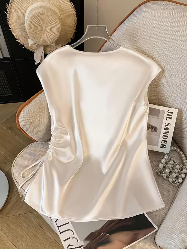 Women's Spring/Summer Solid Color Satin V-Neck Drawstring Top